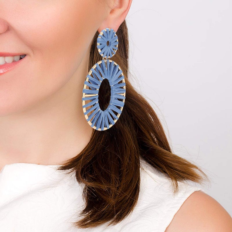 BaubleStar Kiera Raffia Tassel Fringe Rattan Hoop Drop Statement Earrings for Women Blue Tiered Thread Handmade Round Oval Cirle Dangle Fashion Jewelry - Image 2
